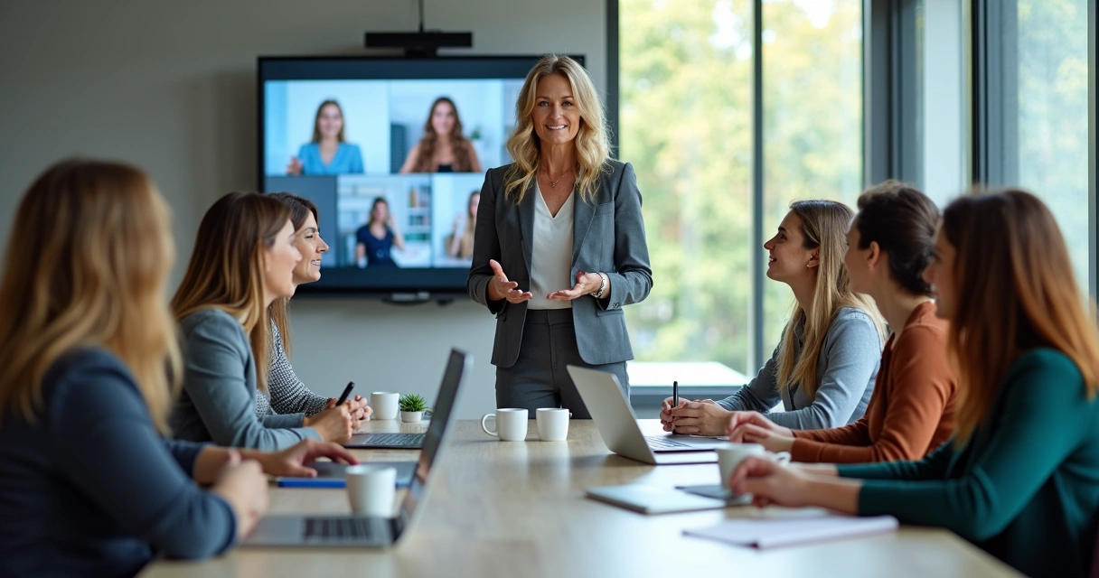 Mentora em ambiente corporativo com grupo de mulheres em discussão ao vivo 