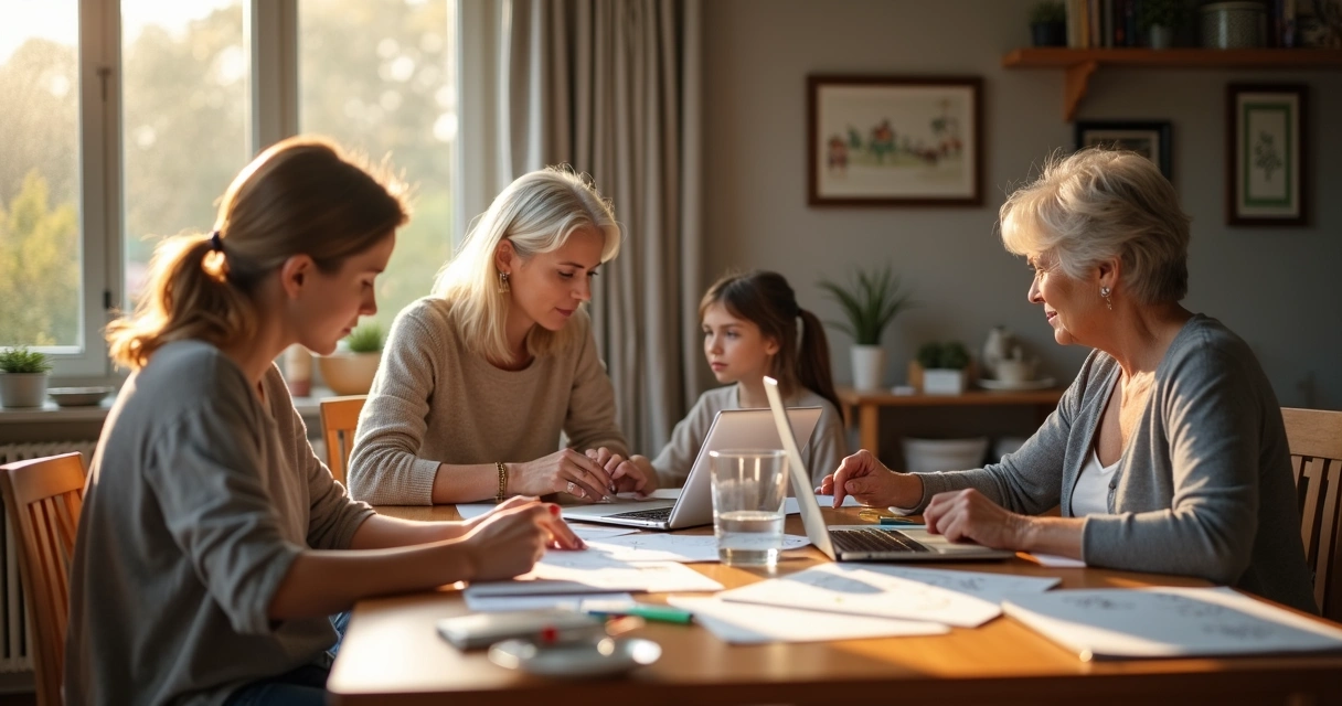 Três mulheres de gerações diferentes em casa ao redor de mesa de jantar 