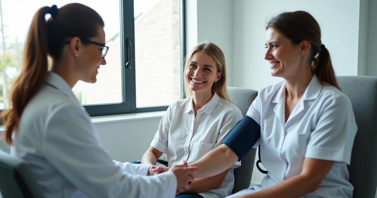 Duas mulheres em consultório sorrindo enquanto uma faz exame de pressão 
