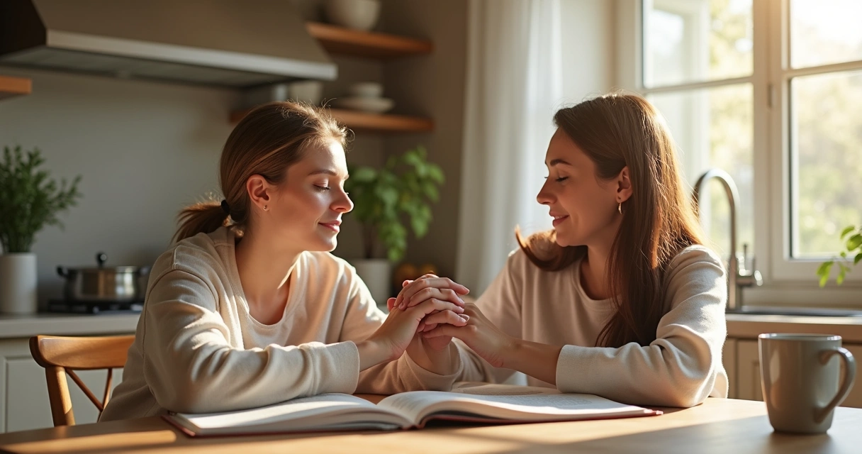 Duas mulheres segurando mãos em oração, ambiente suave, expressão de esperança 
