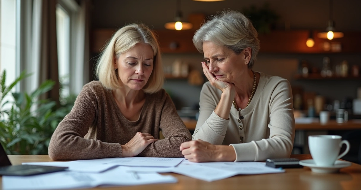 Duas mulheres conversando e olhando preocupadas para contas e anotações financeiras 