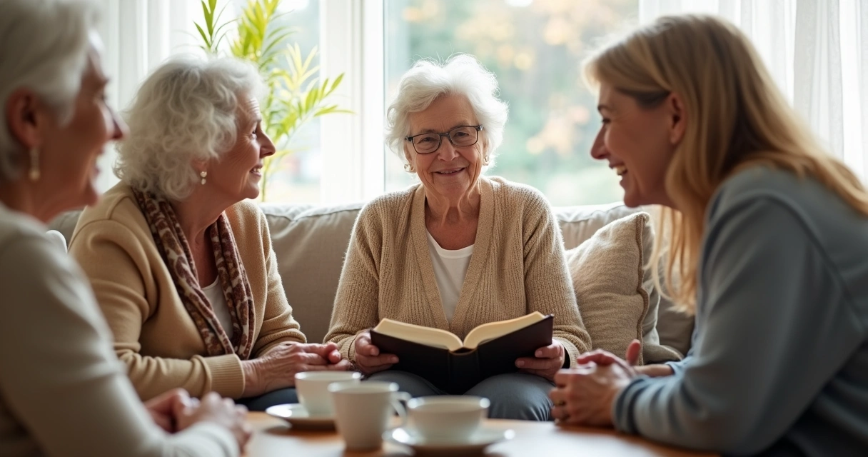 Mulheres de gerações diferentes conversando sentadas em círculo 