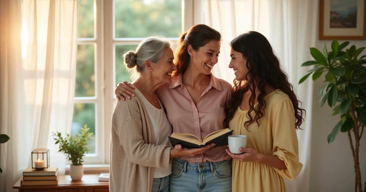 Três mulheres de gerações diferentes sorrindo juntas à luz de uma janela 
