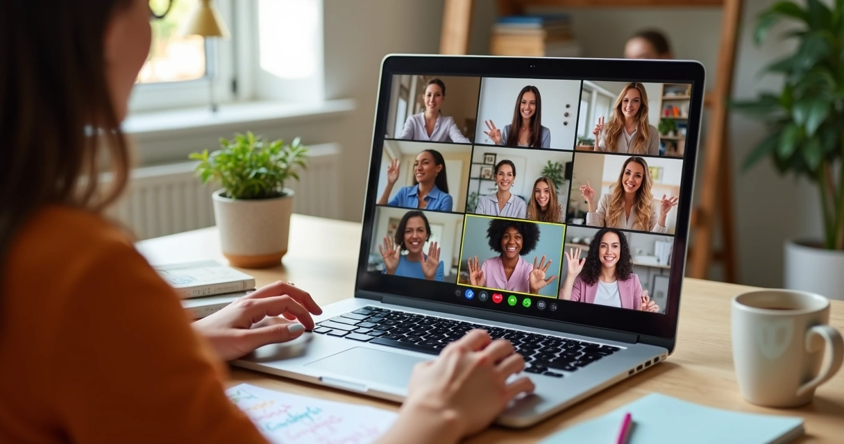 Mulheres em reunião online colaborando em comunidade digital 