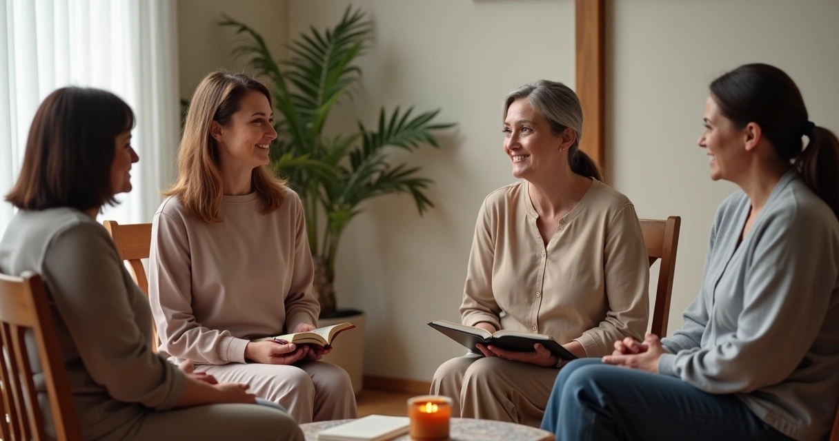 Mulheres em círculo de oração conversando em sala de igreja 