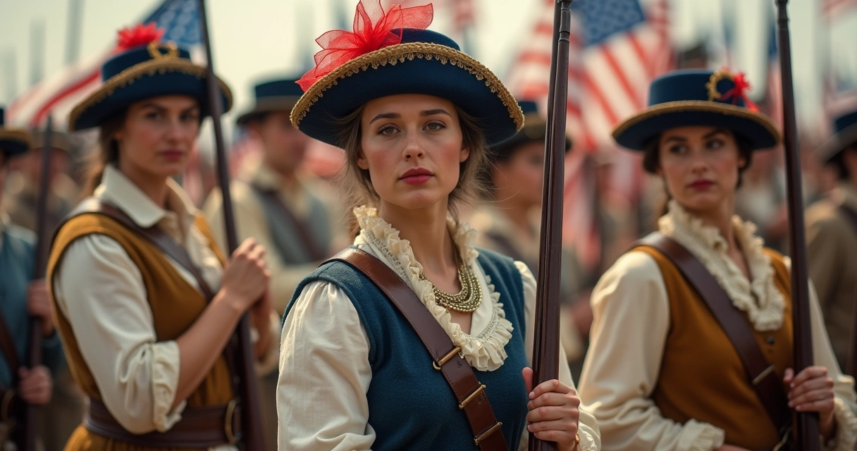 Mulheres históricas em roupas do século XVIII, segurando bandeiras, transmitindo coragem e patriotismo 