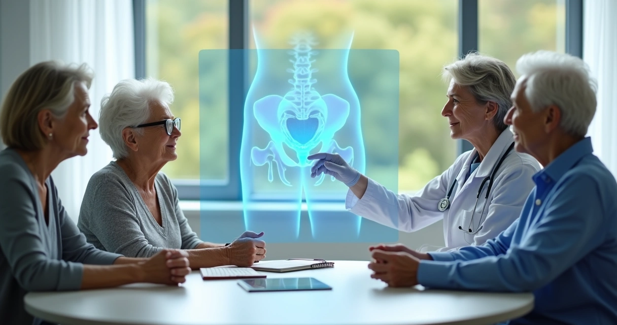 Mulheres idosas em consulta médica discutindo opção de cirurgia ginecológica 