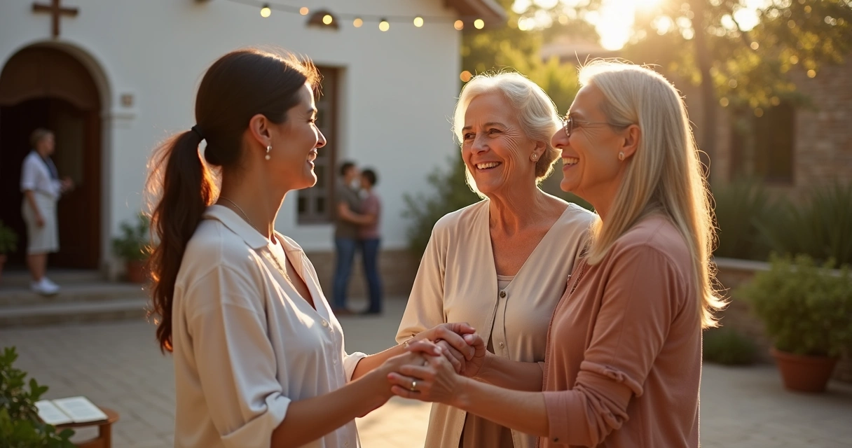 Grupo de mulheres em círculo na igreja sorrindo e orando de mãos dadas 