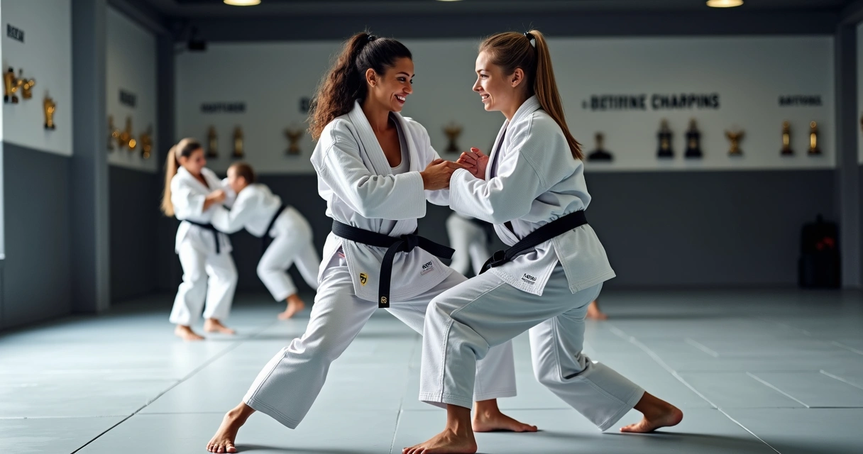 Duas mulheres praticando jiu-jitsu em posição de guarda no tatame, academia bem iluminada