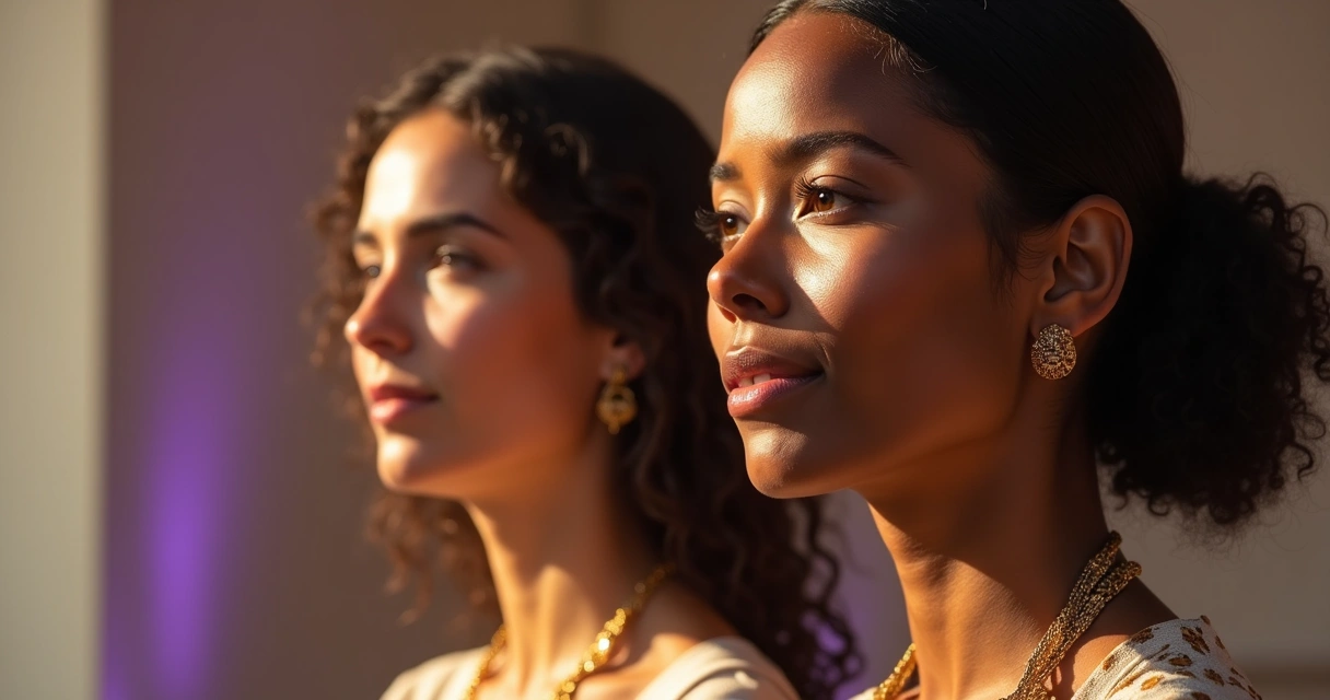 Duas mulheres olhando para frente com expressão de serenidade, detalhes dourados remete à força e fé. 