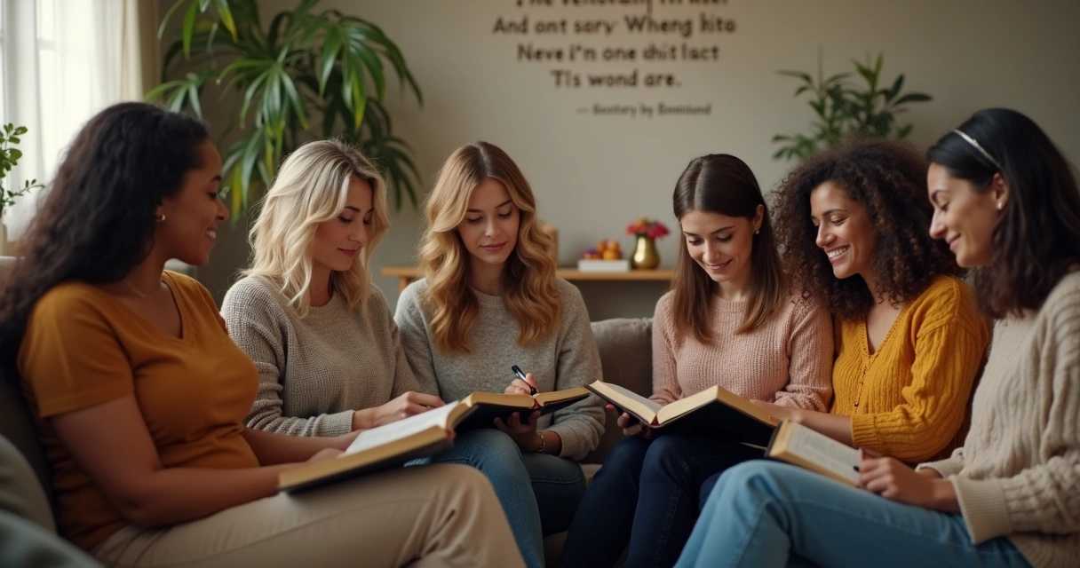 Grupo de mulheres sentadas em círculo lendo a Bíblia juntas 