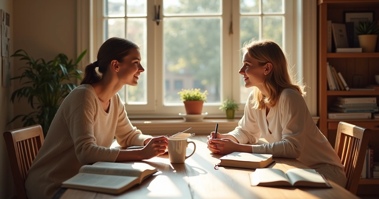 Mulheres reunidas lendo Bíblia e tomando café 