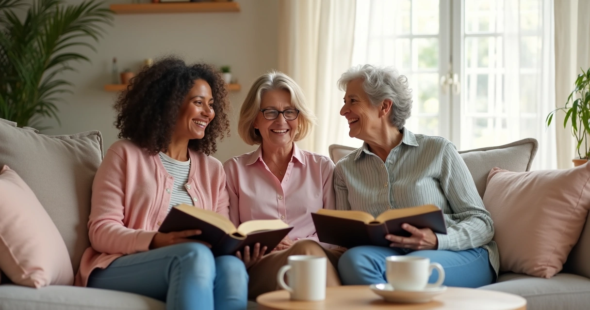 Amigas lendo Bíblia juntas no sofá 