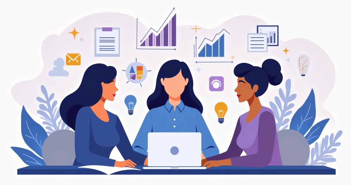 Ilustração corporativa flat de três mulheres líderes em reunião com laptop, gráficos e elementos tecnológicos ao redor 