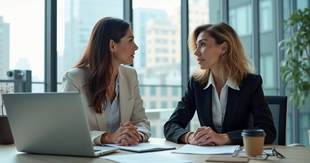 Duas mulheres líderes empresárias conversando em ambiente moderno de escritório com laptop e papelada sobre a mesa 