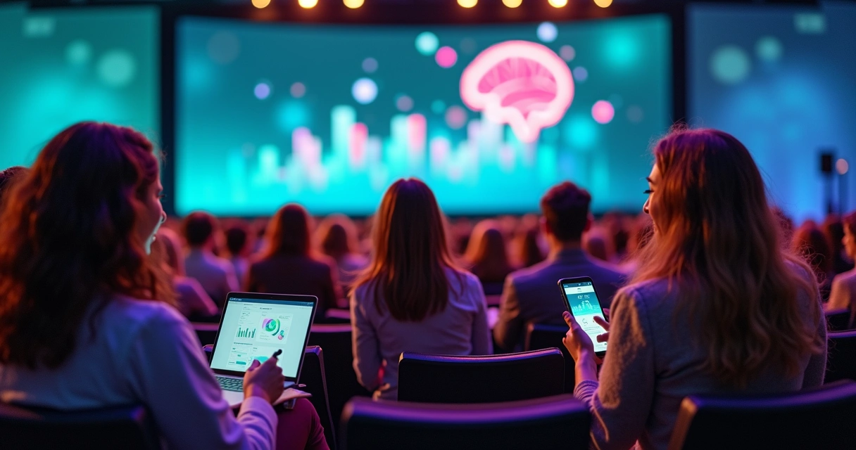 Mulheres em conferência de marketing com telas digitais de redes sociais e IA ao fundo 