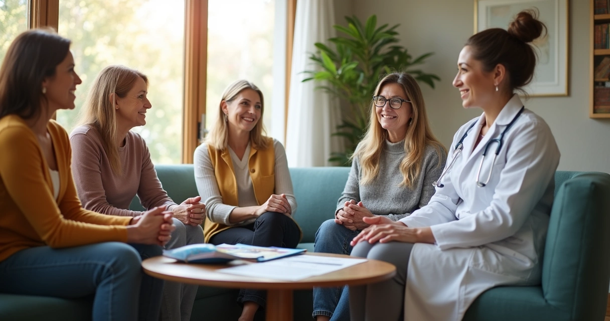 Grupo de mulheres maduras conversando com médica