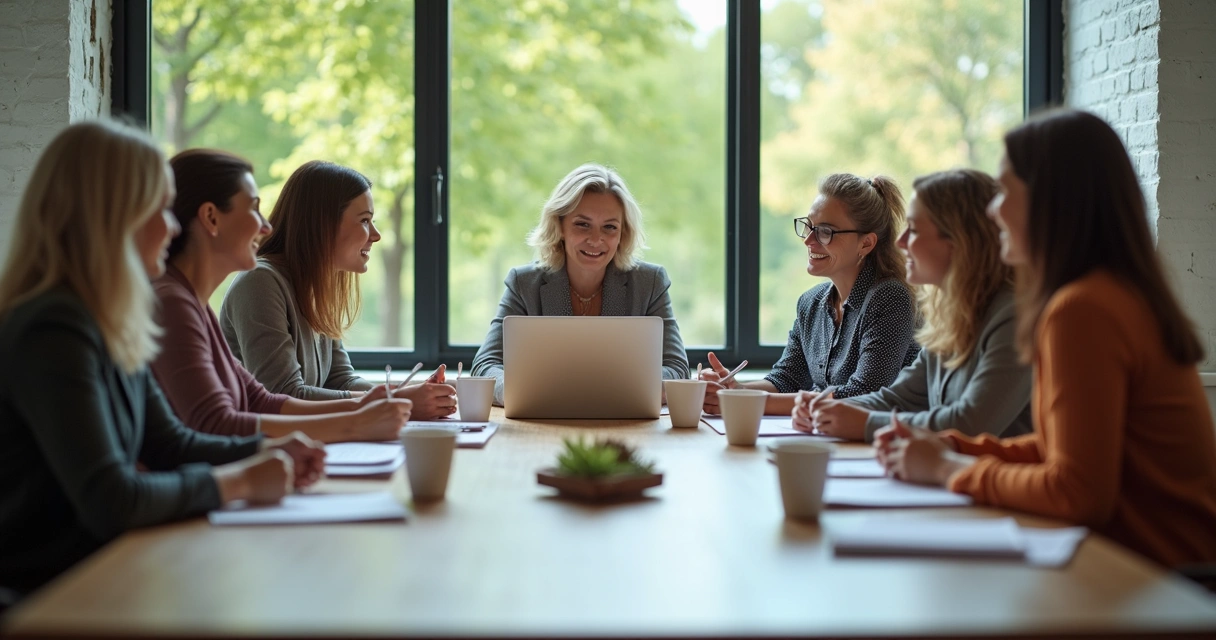 Grupo diversificado de mulheres em mentoria colaborativa
