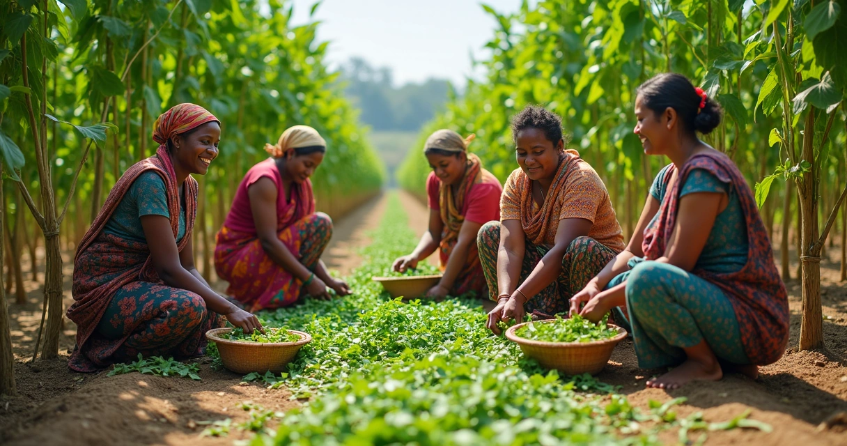 Mulheres colhendo folhas de moringa em pequena propriedade rural 