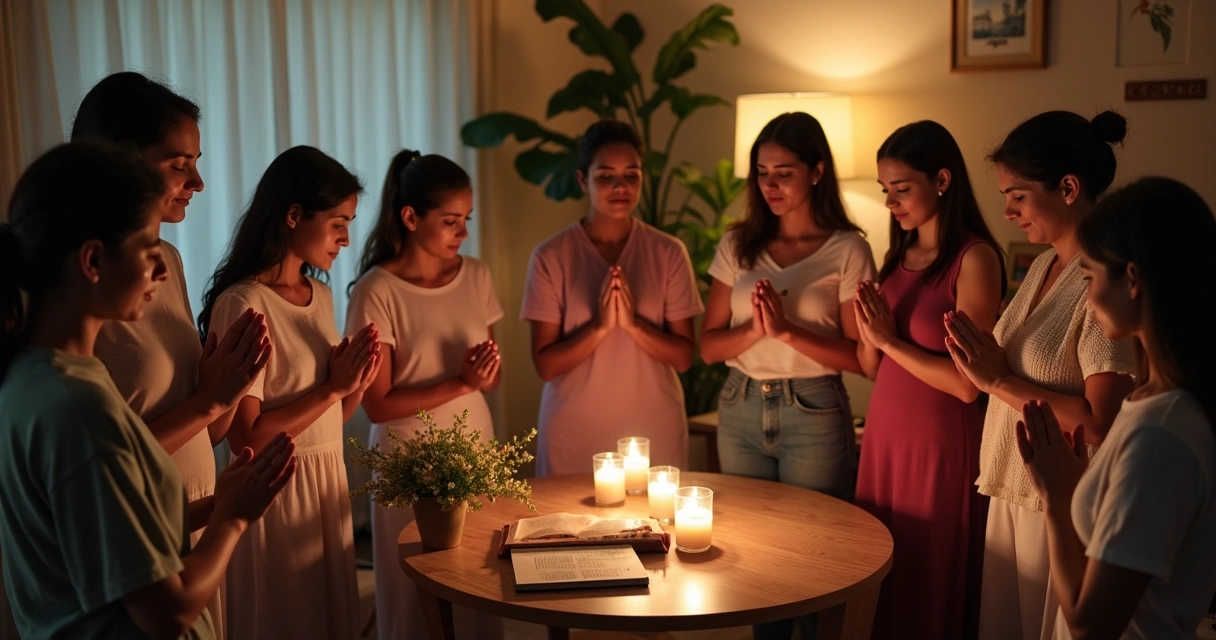 Grupo de mulheres orando em círculo 