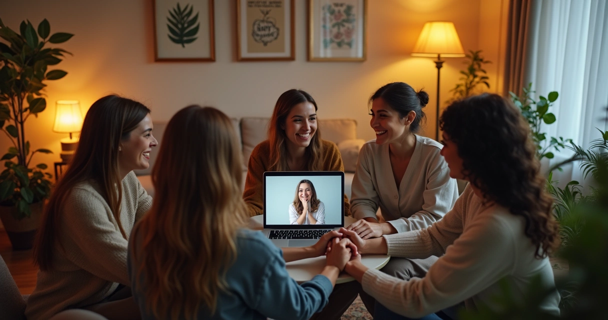 Mulheres sentadas em uma sala, orando de mãos dadas, com computador na mesa 