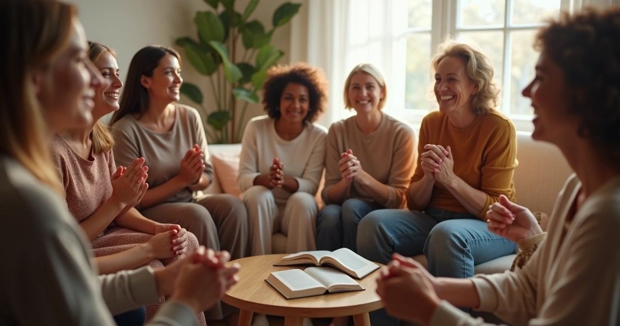 Grupo de mulheres reunidas em oração de mãos dadas, sorrindo 