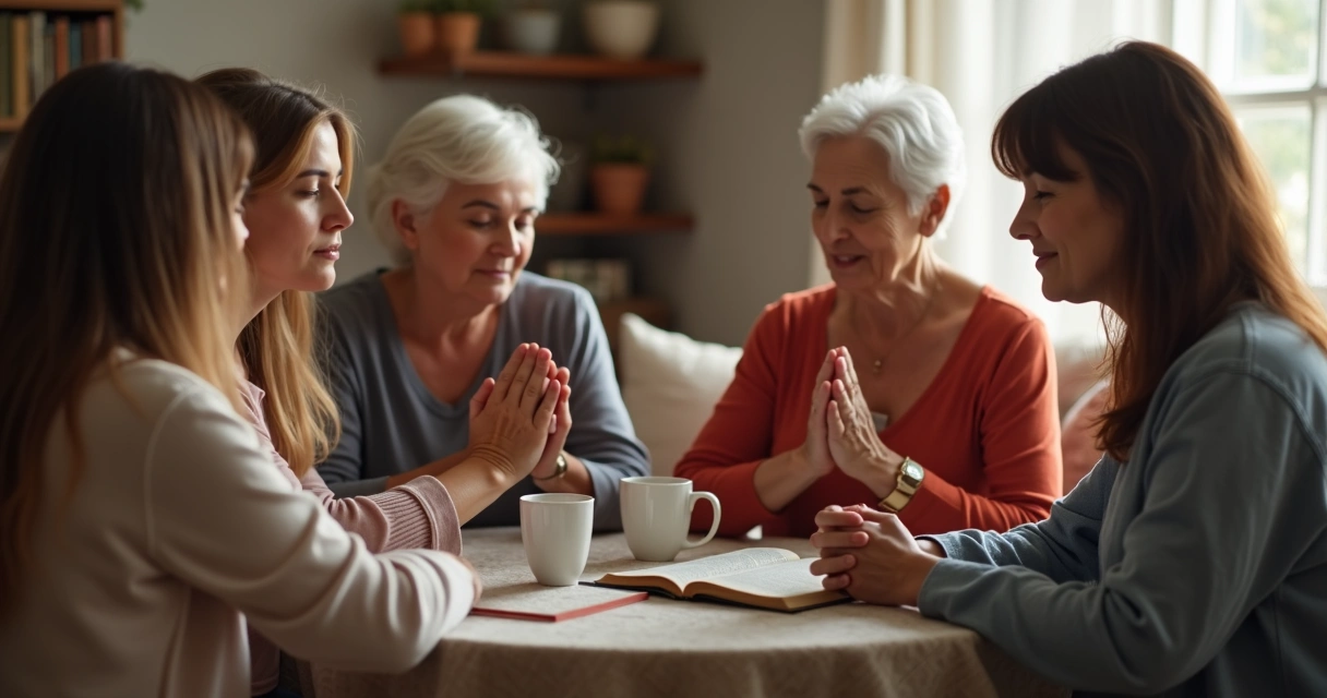 Mulheres de várias idades orando em círculo com expressão de comunhão e fé 