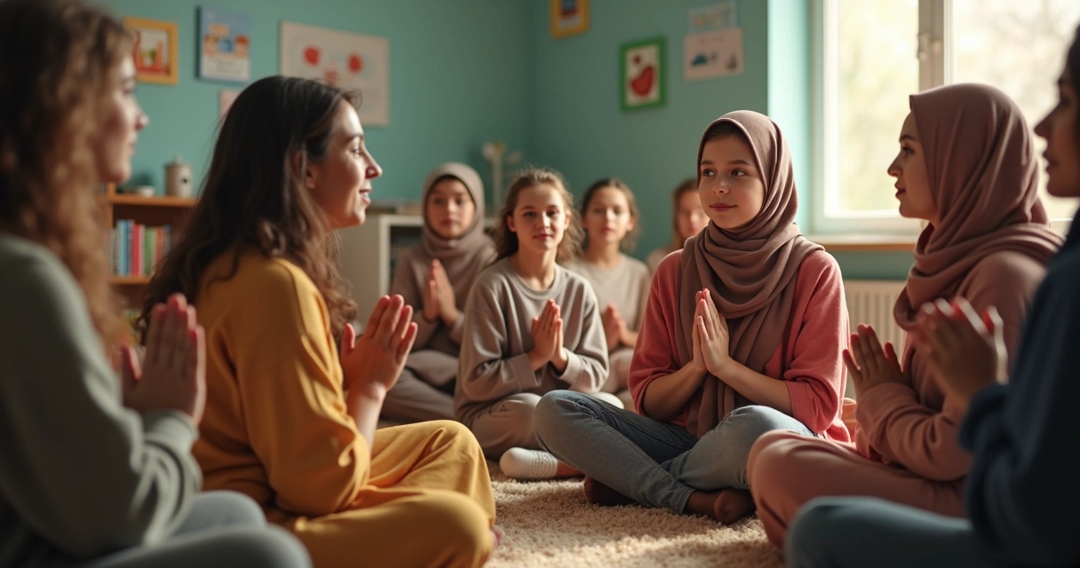 Mães reunidas orando em círculo em uma escola