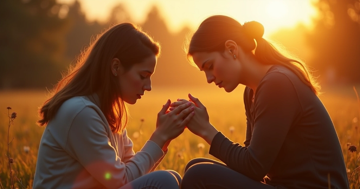 Duas mulheres cristãs orando juntas ao pôr do sol, mãos unidas em atitude de oração e amizade 