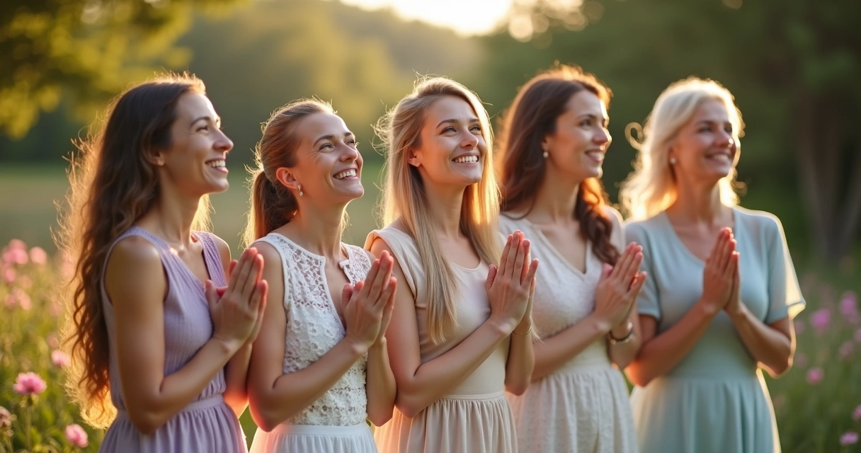 Cinco mulheres orando de mãos dadas em círculo 