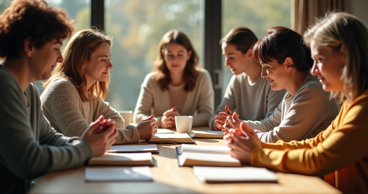 Grupo de mulheres orando de mãos dadas ao redor de uma mesa 
