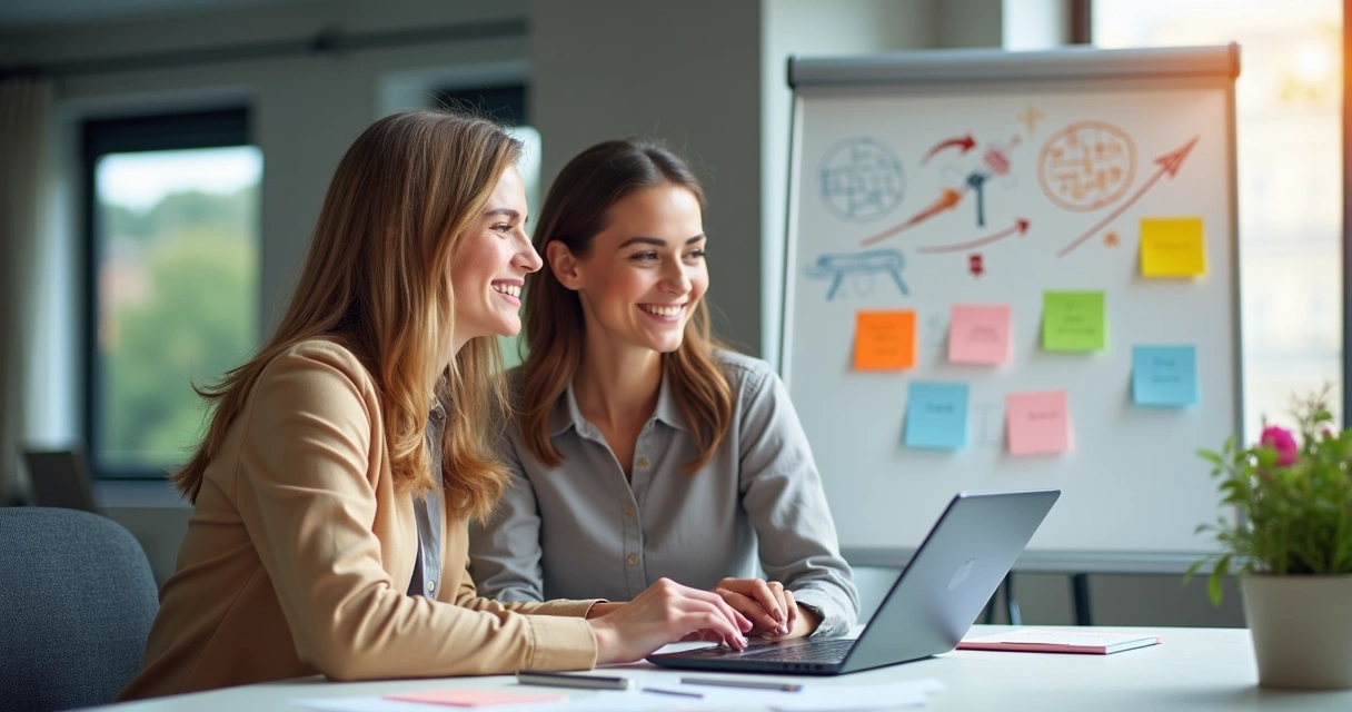 Duas mulheres escrevendo em quadro branco mostrando etapas de um lançamento digital