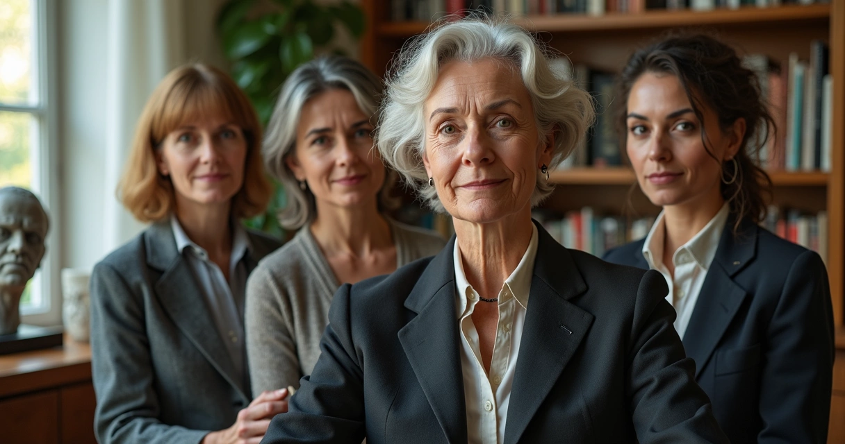 Retratos realistas detalhados de psicanalistas mulheres famosas, incluindo Anna Freud, Melanie Klein e Virginia Bicudo, em um ambiente moderno de consultório com livros e símbolos da psicanálise
