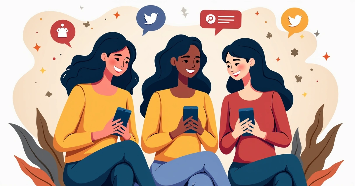 Mulheres usando celulares sorrindo, interagindo e conectadas em rede social