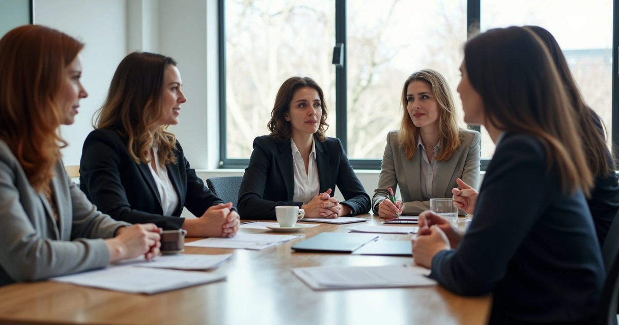 Grupo de mulheres em reunião corporativa discutindo estratégias 