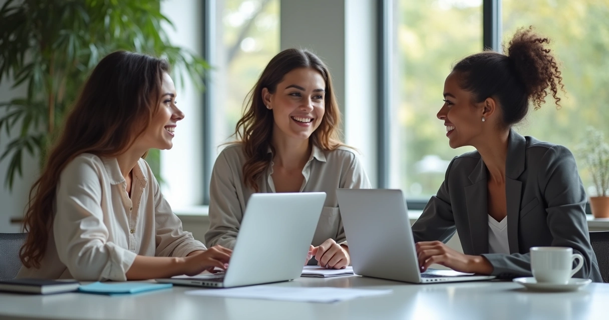 Três mulheres sentadas à mesa discutindo trabalho remoto com notebooks, canetas e café 