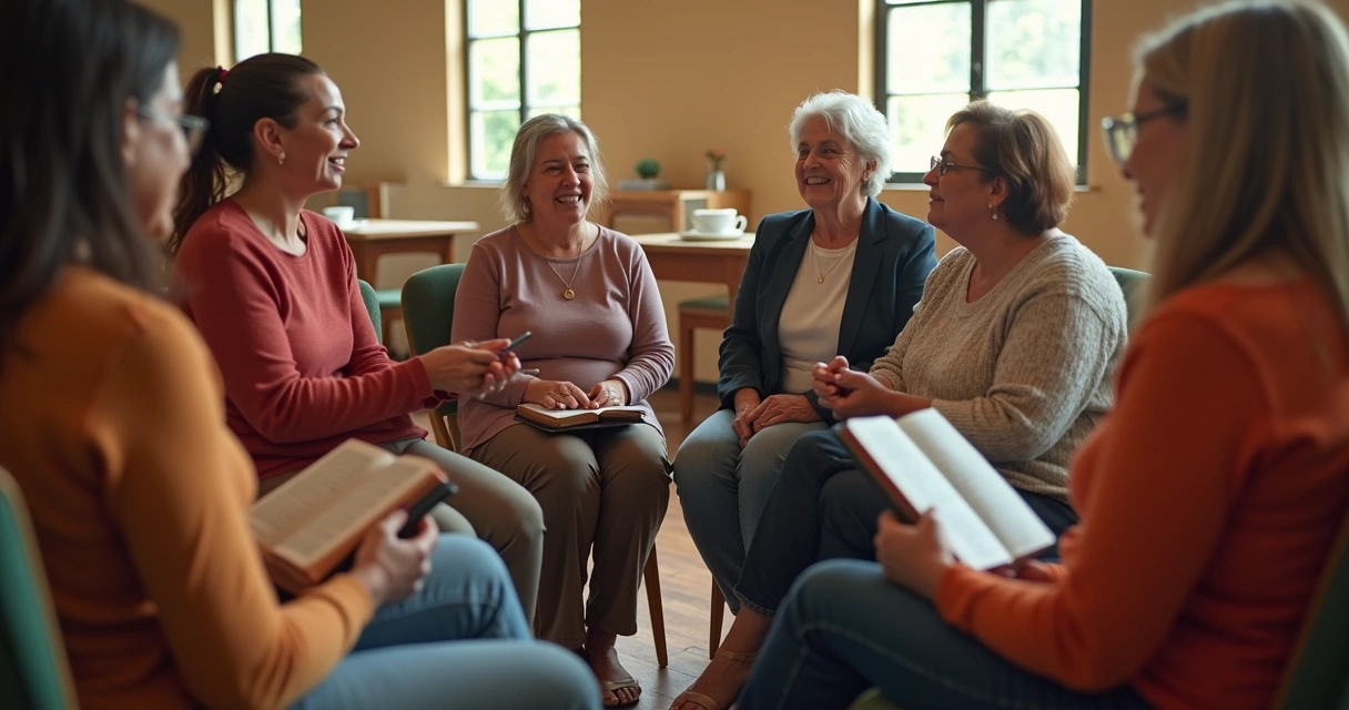 Mulheres sentadas em círculo trocando experiências em salão de igreja