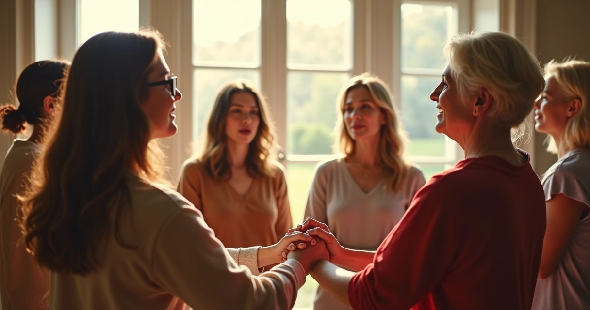 Grupo de mulheres de mãos dadas em círculo, orando juntas