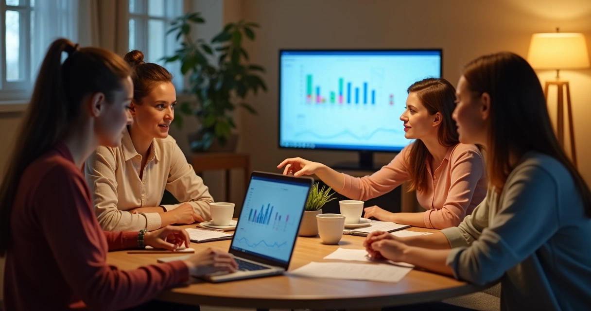 Mulheres conversando, uma com notebook, outra apontando para uma tela, ambiente com luz suave 