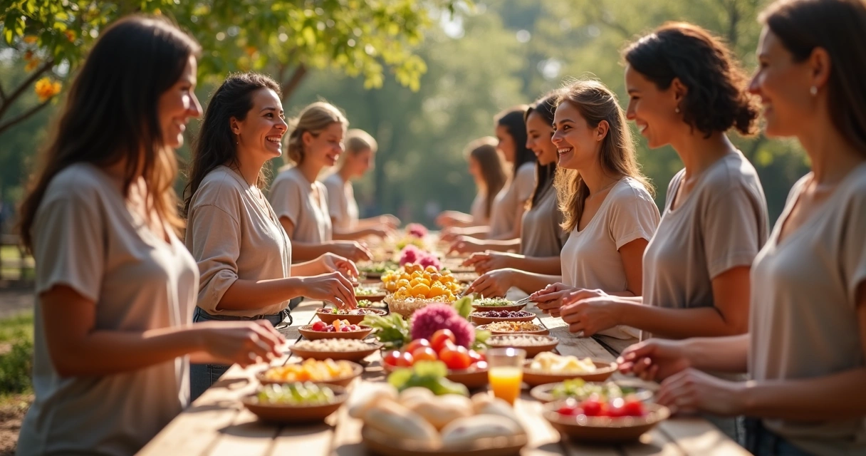 Mulheres reunidas em uma comunidade, sorrindo e compartilhando alimentos em um ambiente acolhedor 