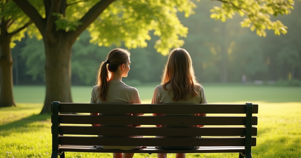 Duas mulheres sentadas em silêncio em um banco de parque. 