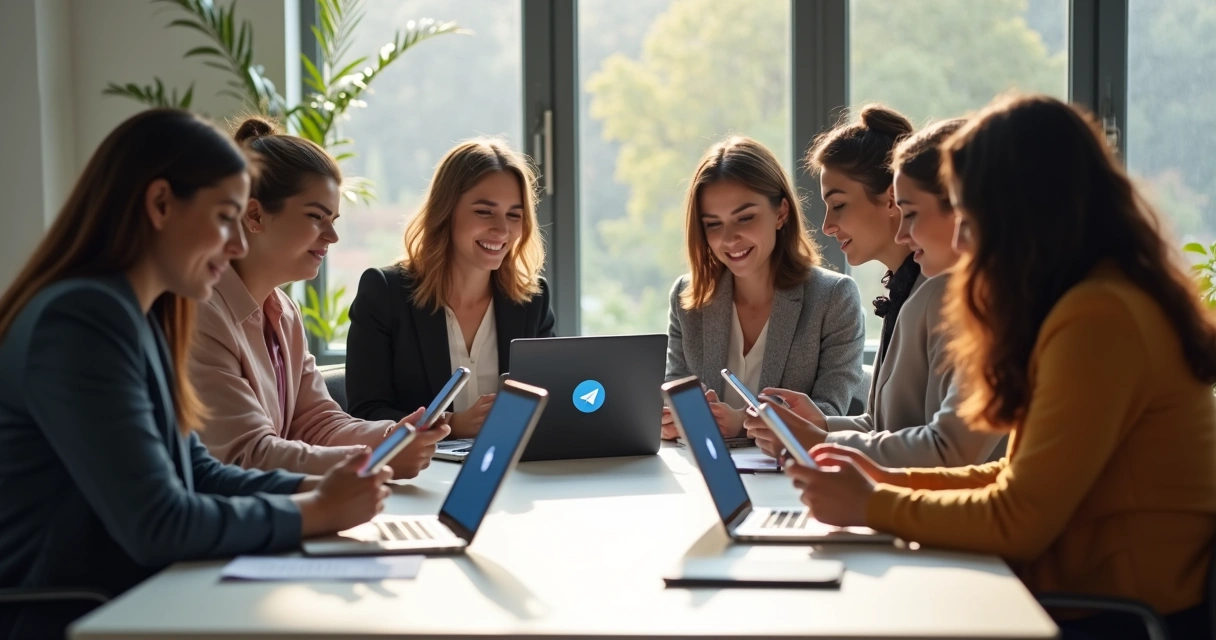 Grupo de mulheres empreendedoras reunidas discutindo estratégias pelo Telegram 