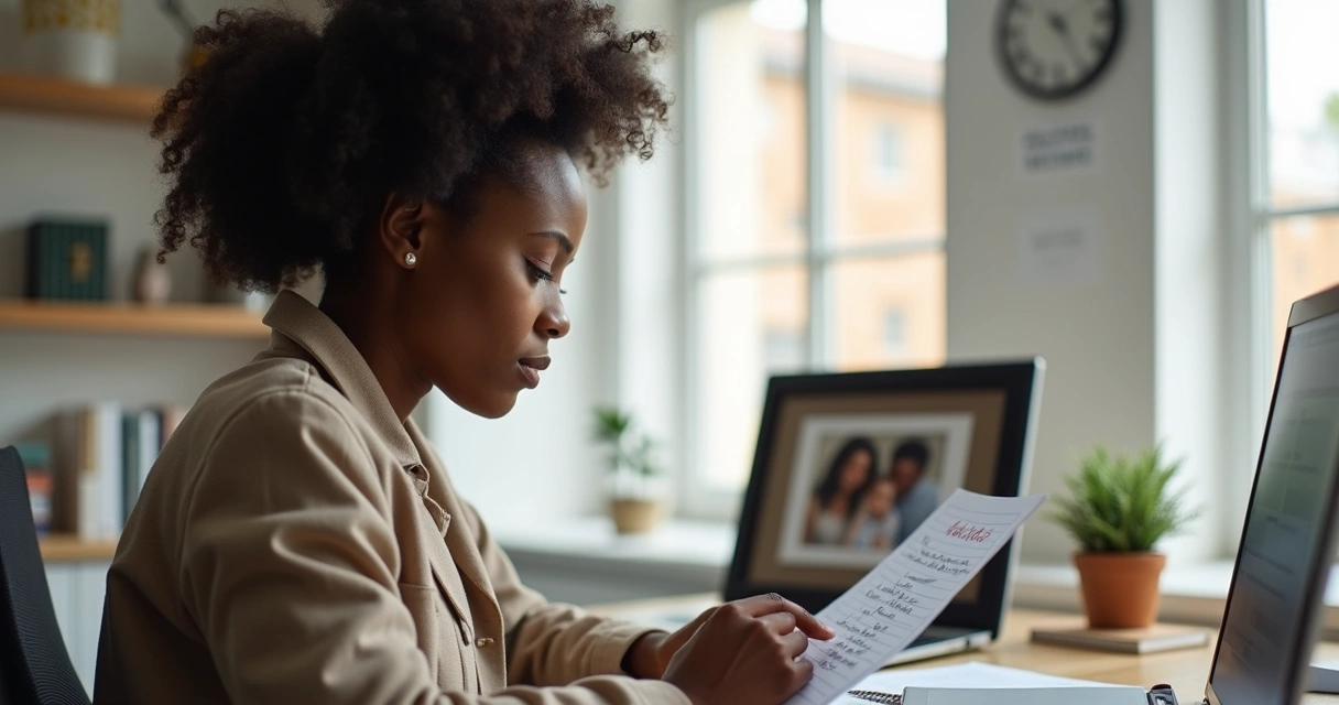Mulher negra organizando tarefas em um ambiente de trabalho, com expressão serena, enquanto olha alternadamente para uma lista de tarefas e uma foto de família 