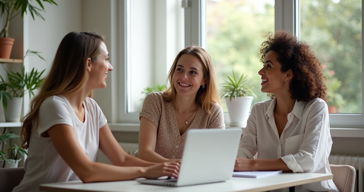 Três mulheres de diferentes idades discutindo em um escritório, uma checando o celular, outra no notebook e outra olhando um quadro branco ao fundo. 
