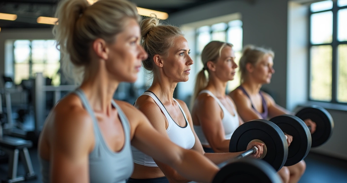 Mulheres acima de 40 anos praticando exercícios de força em academia 