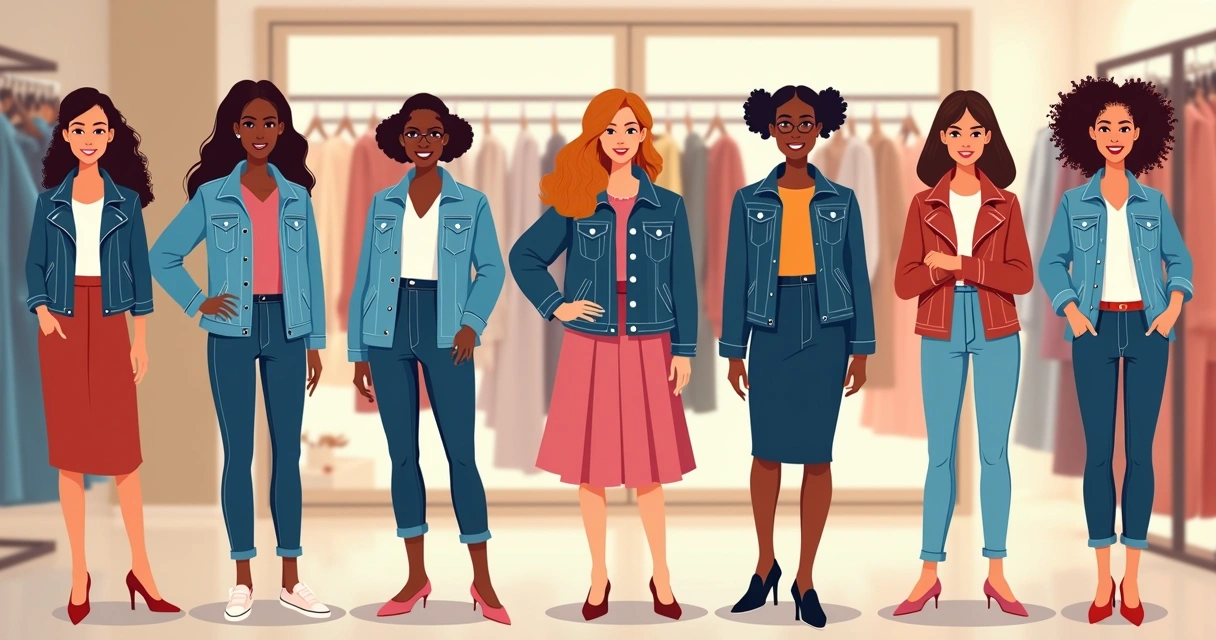Grupo de mulheres com diferentes tipos de corpo usando jaquetas jeans diversas 