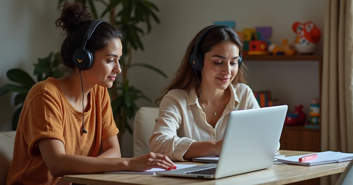 Duas mulheres em sala de casa com notebook 