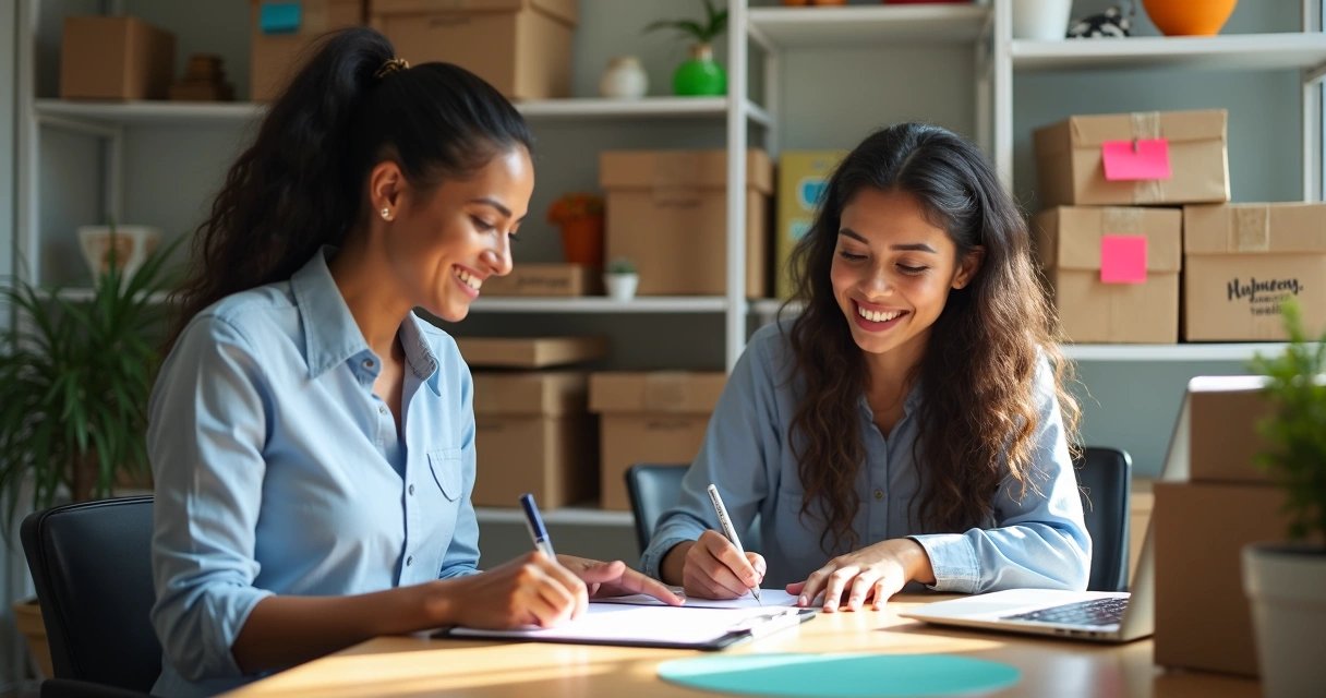 Duas mulheres preenchem nota fiscal e organizam caixas
