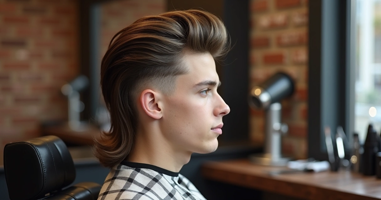 Homem jovem de perfil com corte mullet moderno, ambiente de barbearia 