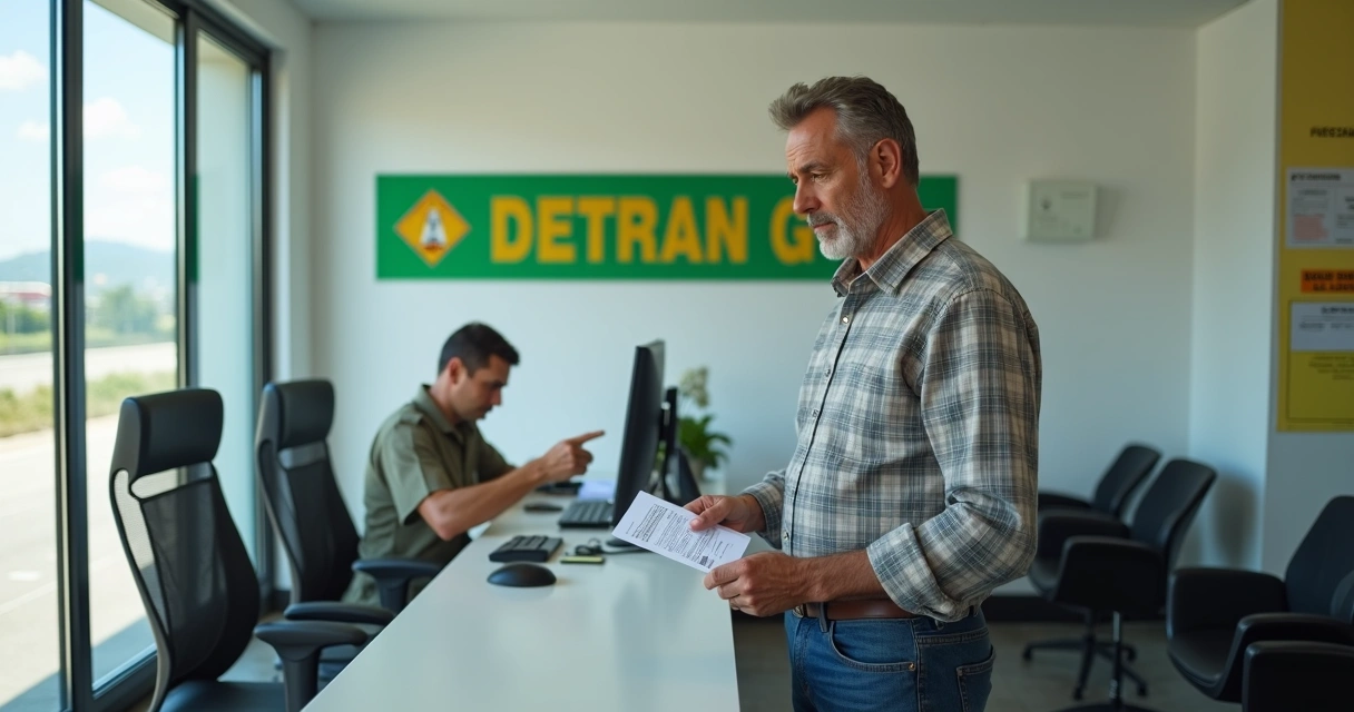Atendente do Detran em Goiás conversando com caminhoneiro sobre multa de balcão no guichê 